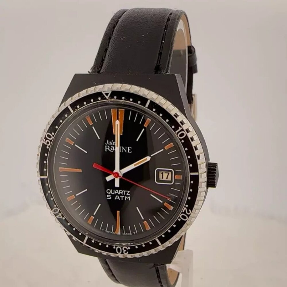Vintage Jules Racine Diver Style Men's Quartz Wristwatch Swiss Made Steel & PVD